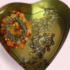 Gold-Tone Orange Beaded Statement Bracelet Set